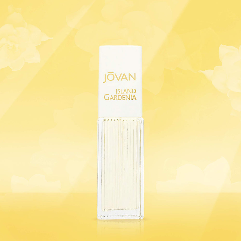 Jovan Island Gardenia bottle showing warm sandalwood base note.