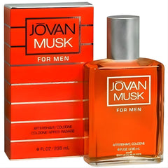 Jovan Musk aftershave bottle with classic scent for lasting freshness after shaving.