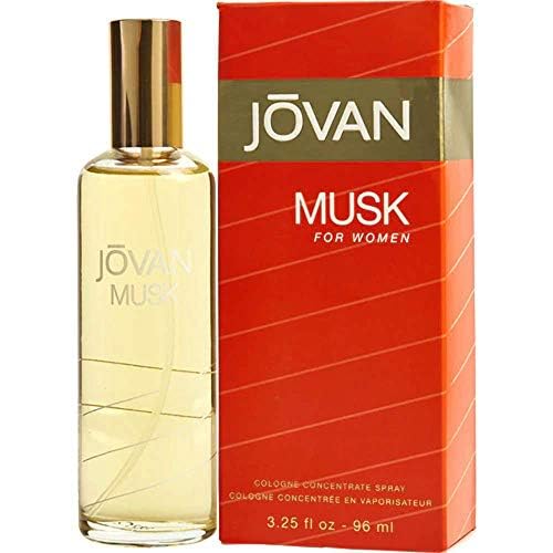 Jovan Musk for Women bottle back view with notes of floral-woody musk for evening events.