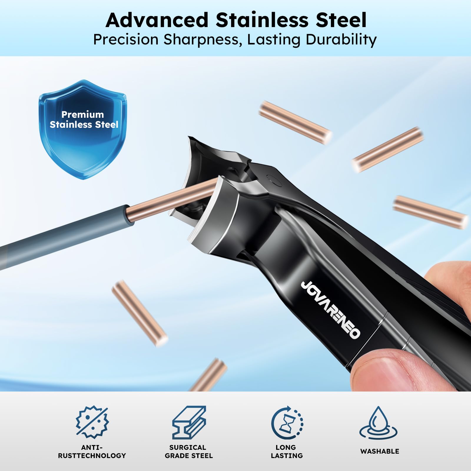 Jovareneo anti-splash curved blade enables controlled trimming.