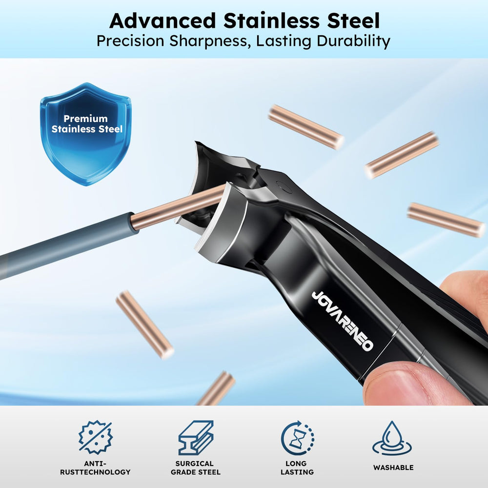 Jovareneo anti-splash curved blade enables controlled trimming.