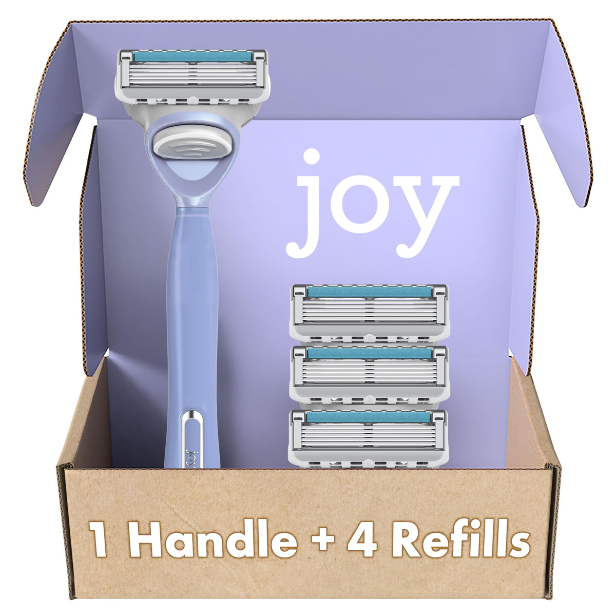 JOY teal razor handle close-up with ergonomic grip for comfortable shaving.