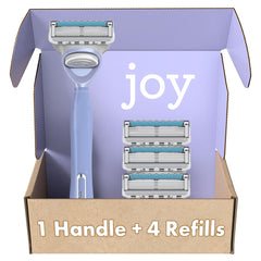 JOY teal razor handle close-up with ergonomic grip for comfortable shaving.
