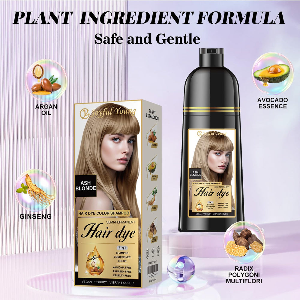 Joyful Young ash blonde color depositing shampoo in action for gray blending