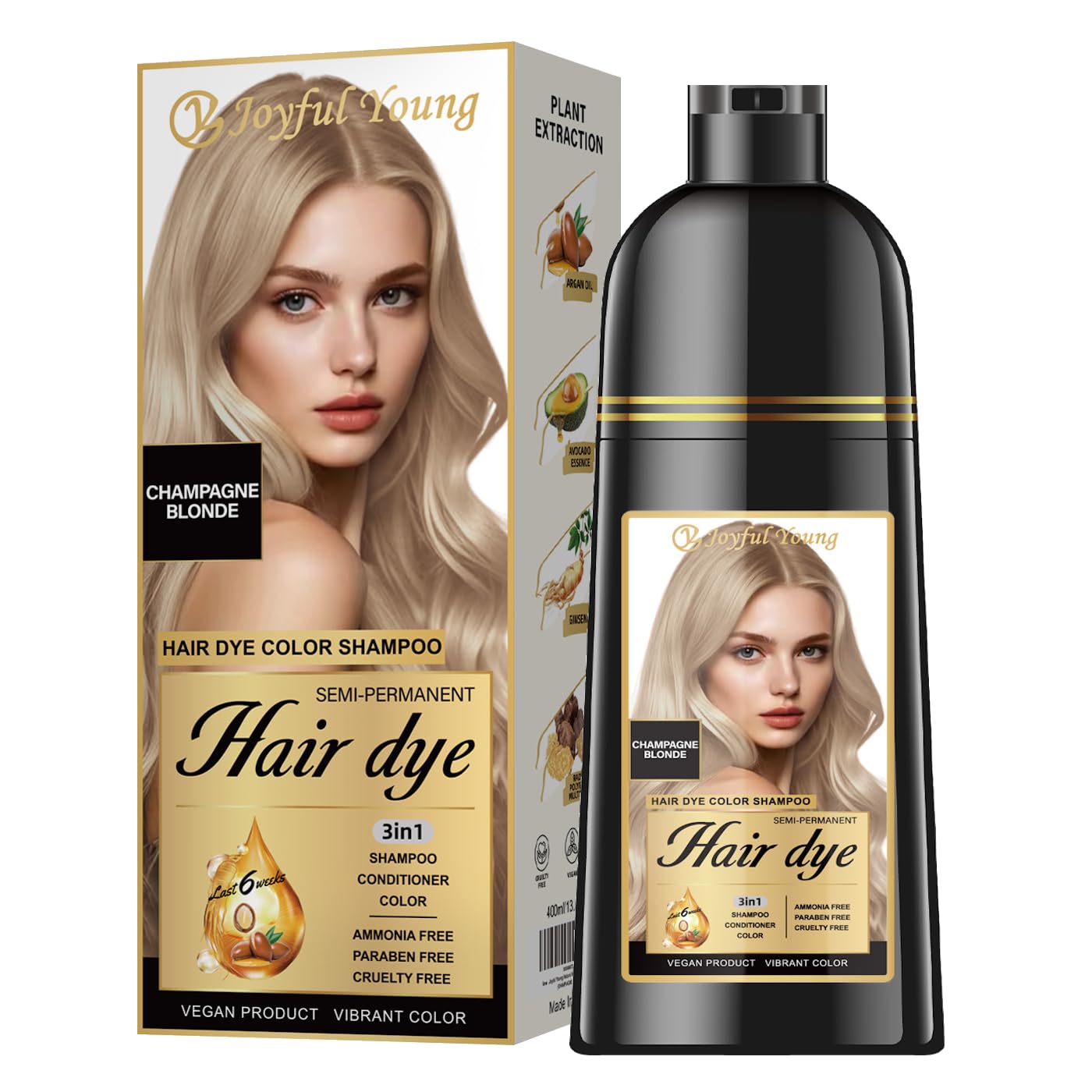 Joyful Young Champagne Blonde Shampoo bottle demonstrates easy at-home gray blending with a vegan formula.