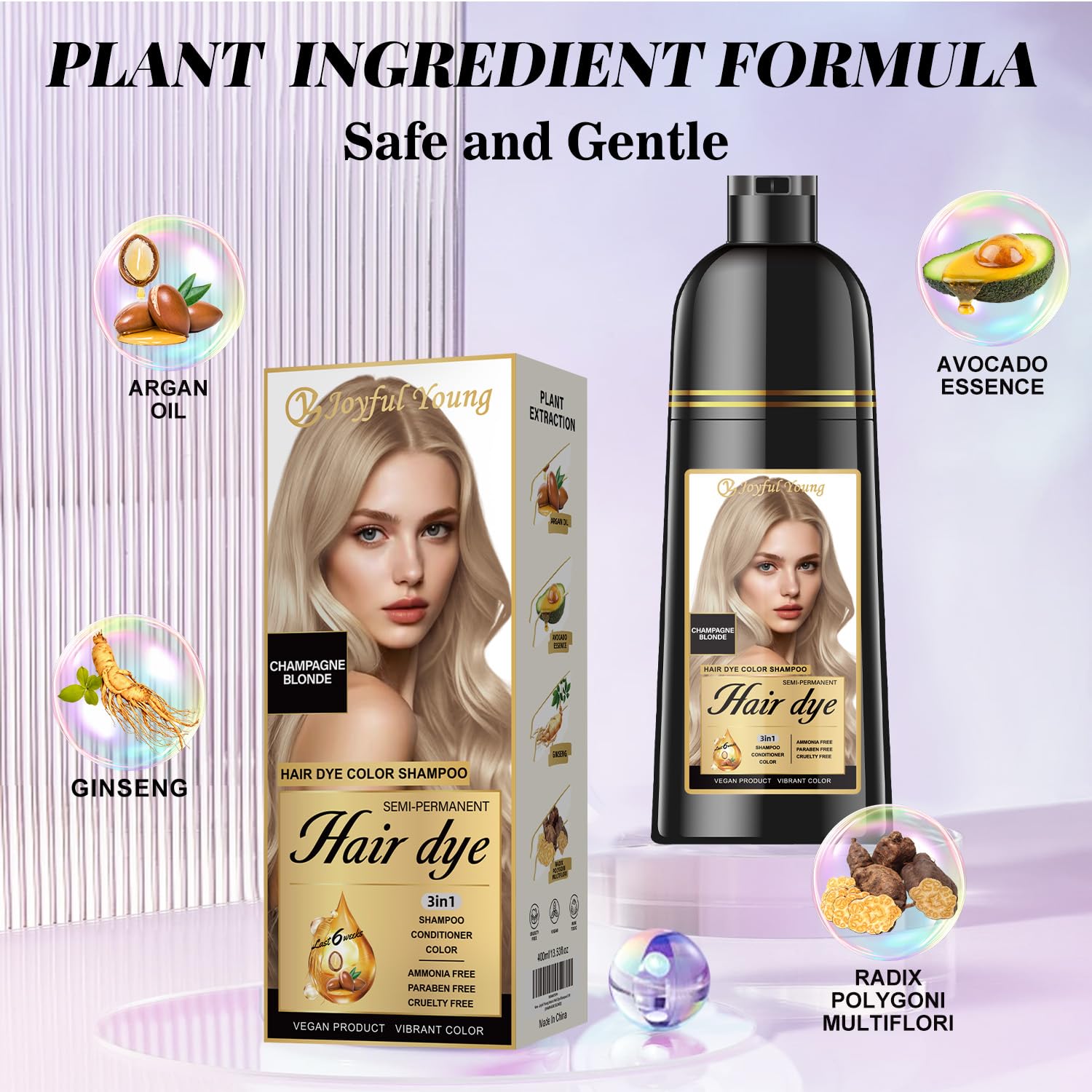 Joyful Young Champagne Blonde Shampoo lather highlights gentle cleansing and color deposition in one step.