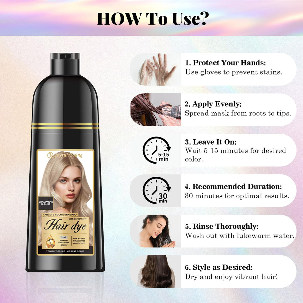 Joyful Young Champagne Blonde Shampoo timer shows patience for 15–30 minute processing.