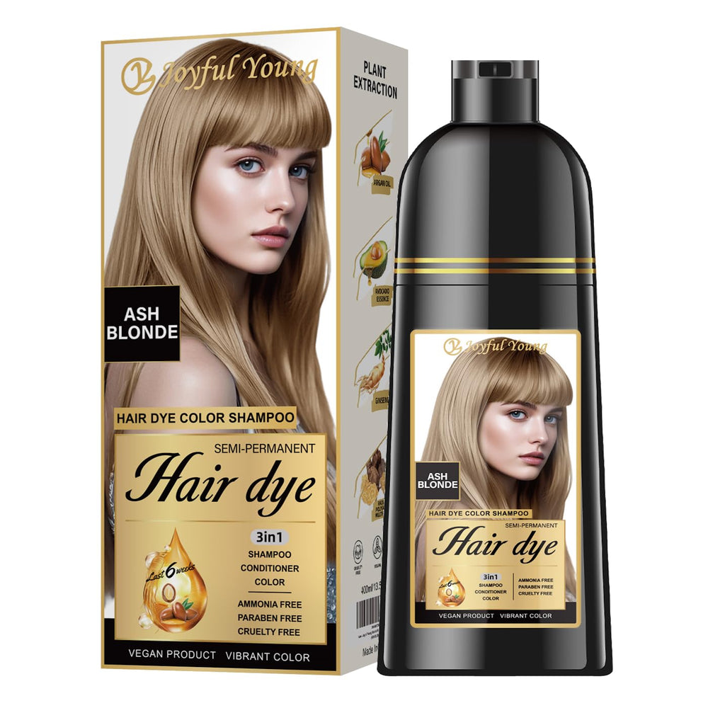 Joyful Young ash blonde shampoo bottle showing cool gray blending