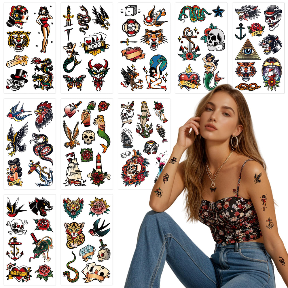 JoyfulGlam retro tattoo sheets with swallows and skulls for temporary body art