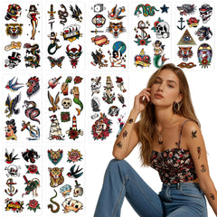 JoyfulGlam retro tattoo sheets with swallows and skulls for temporary body art