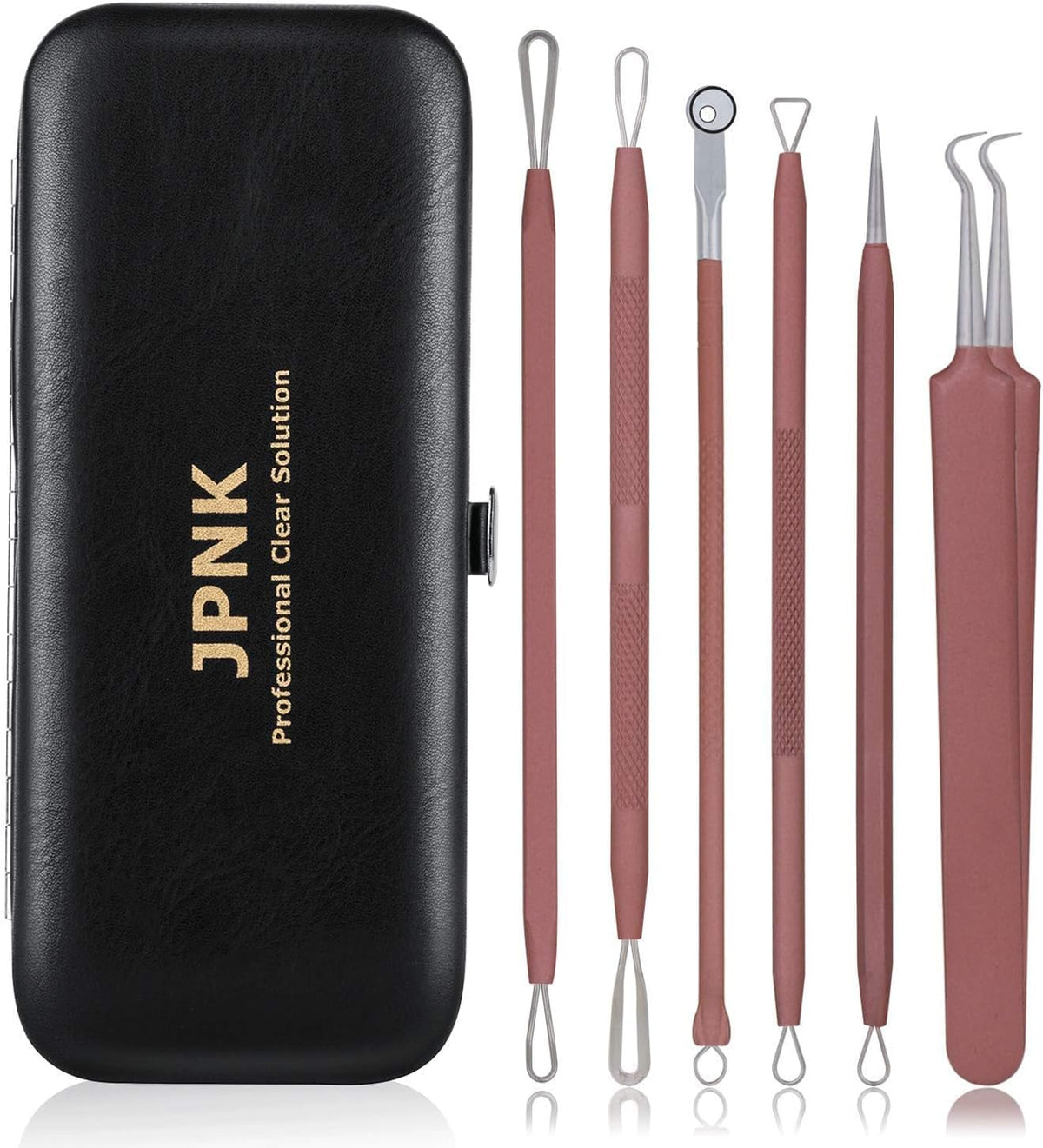 JPNK blackhead remover tools in pink leather case for on-the-go blemish control.