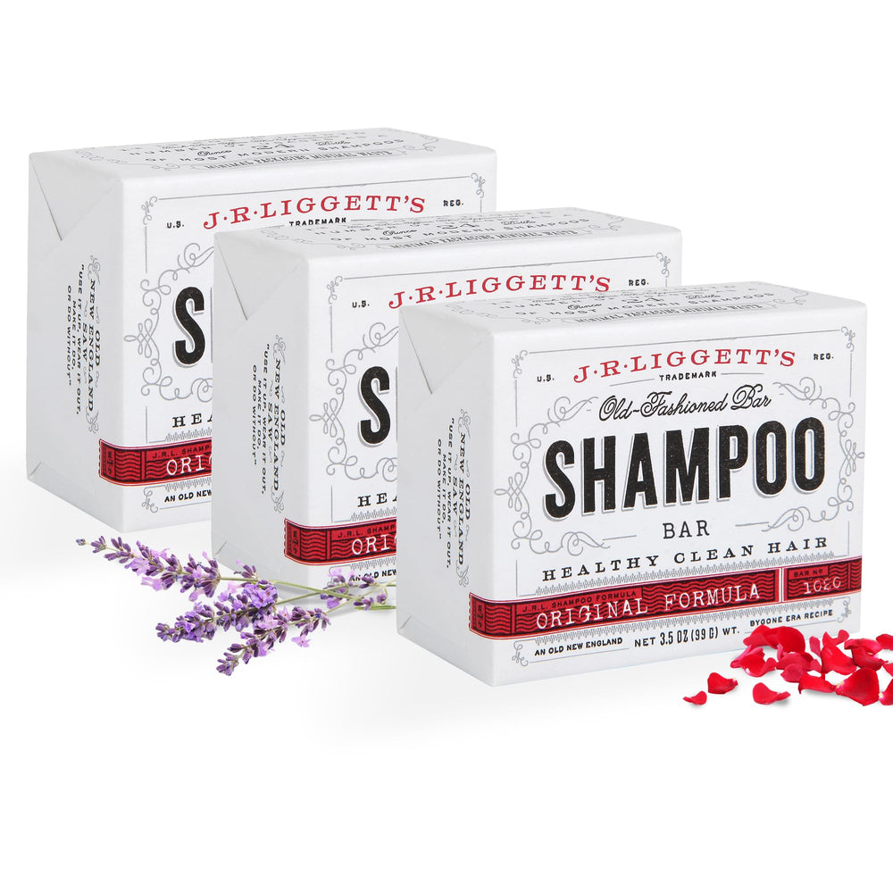 J.R.LIGGETT'S shampoo bar bottle demonstrates sulfate-free cleansing for all hair types.