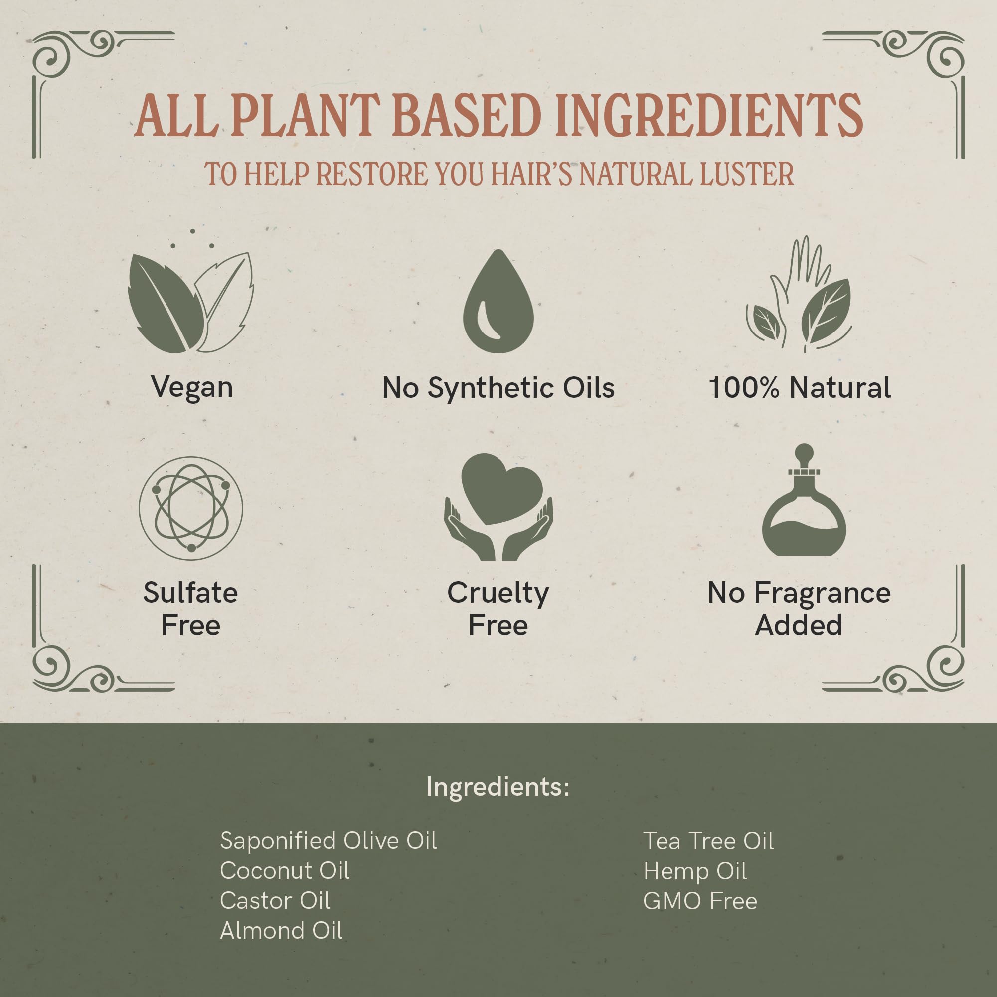 J.R.LIGGETT'S shampoo bar ingredients with coconut and castor oils for hair nourishment.