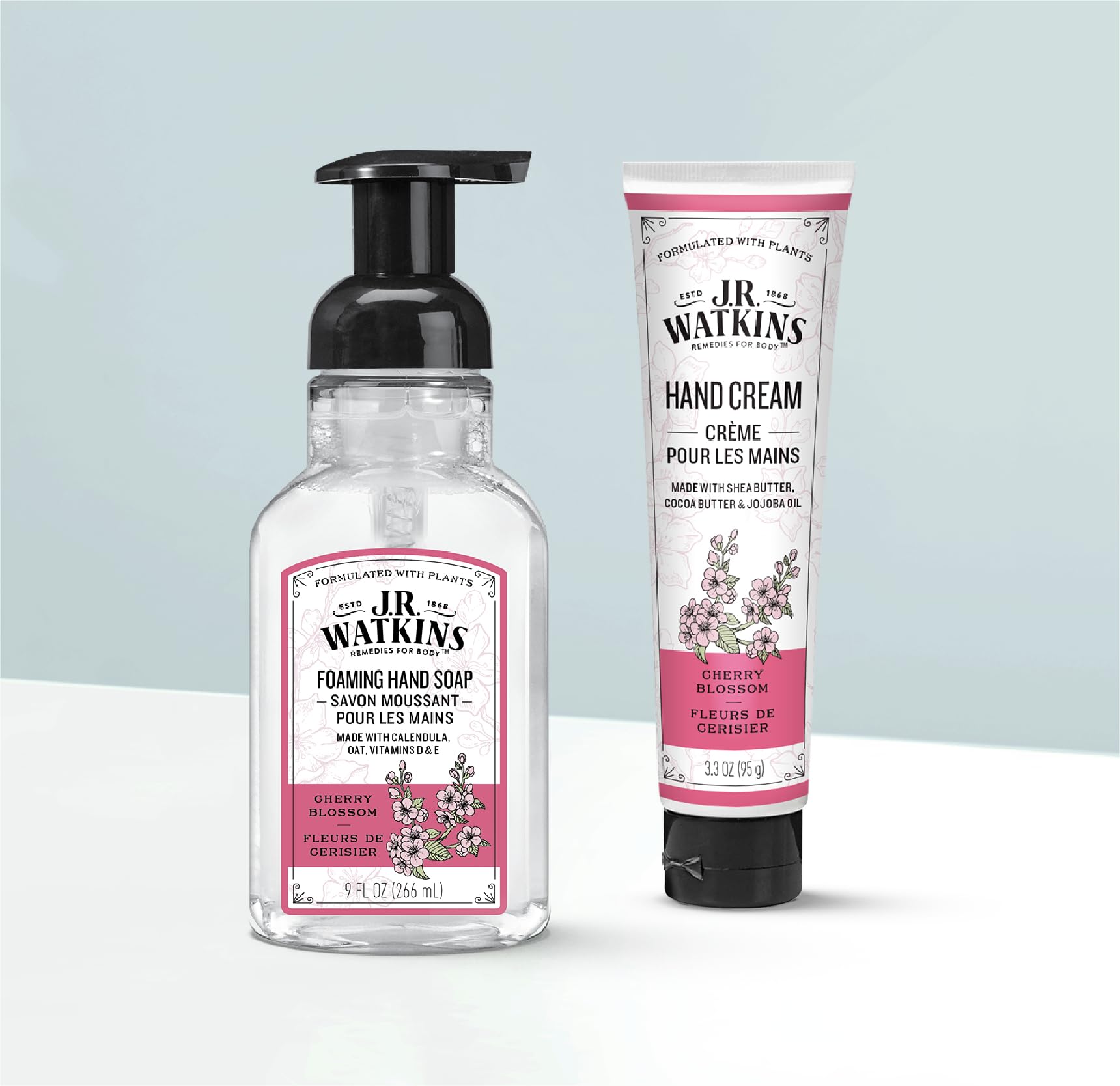 J.R. Watkins Cherry Blossom label close-up highlights fragrance and cruelty-free badge.
