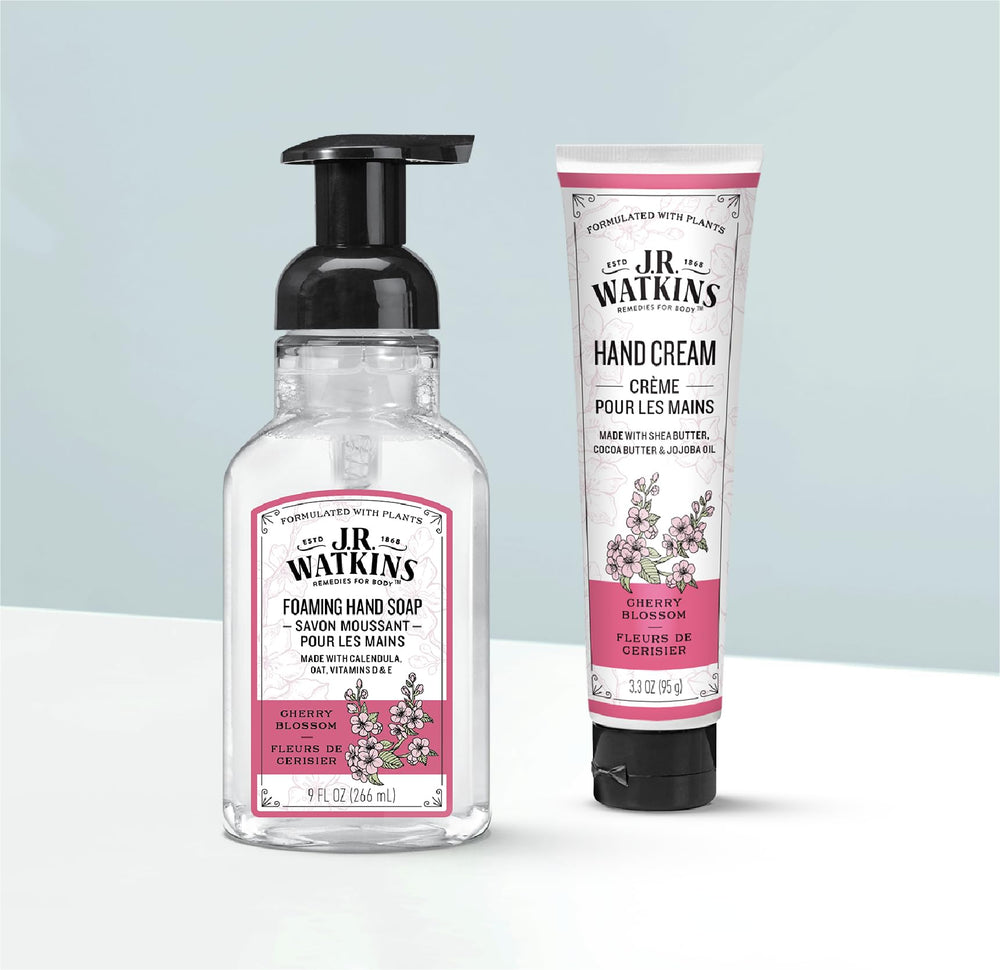 J.R. Watkins Cherry Blossom label close-up highlights fragrance and cruelty-free badge.