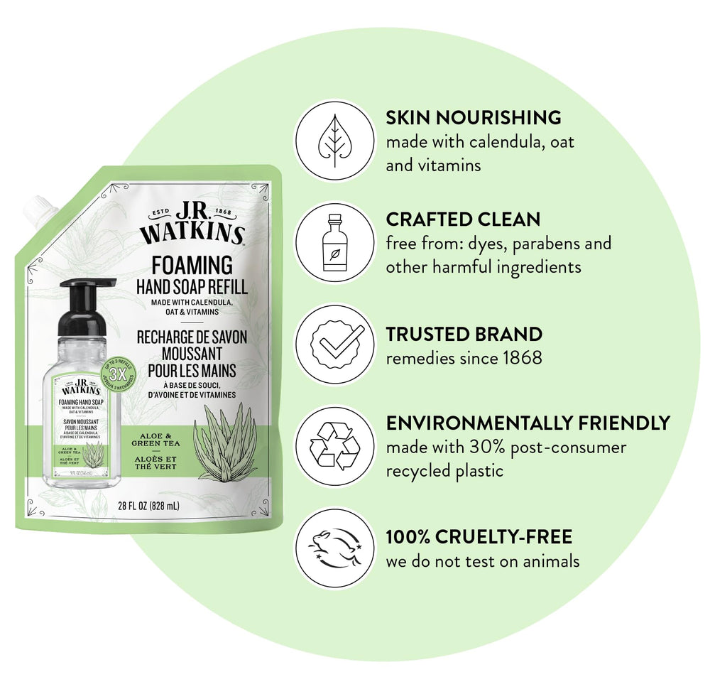 J.R. Watkins foaming hand soap bottle close-up showing creamy foam