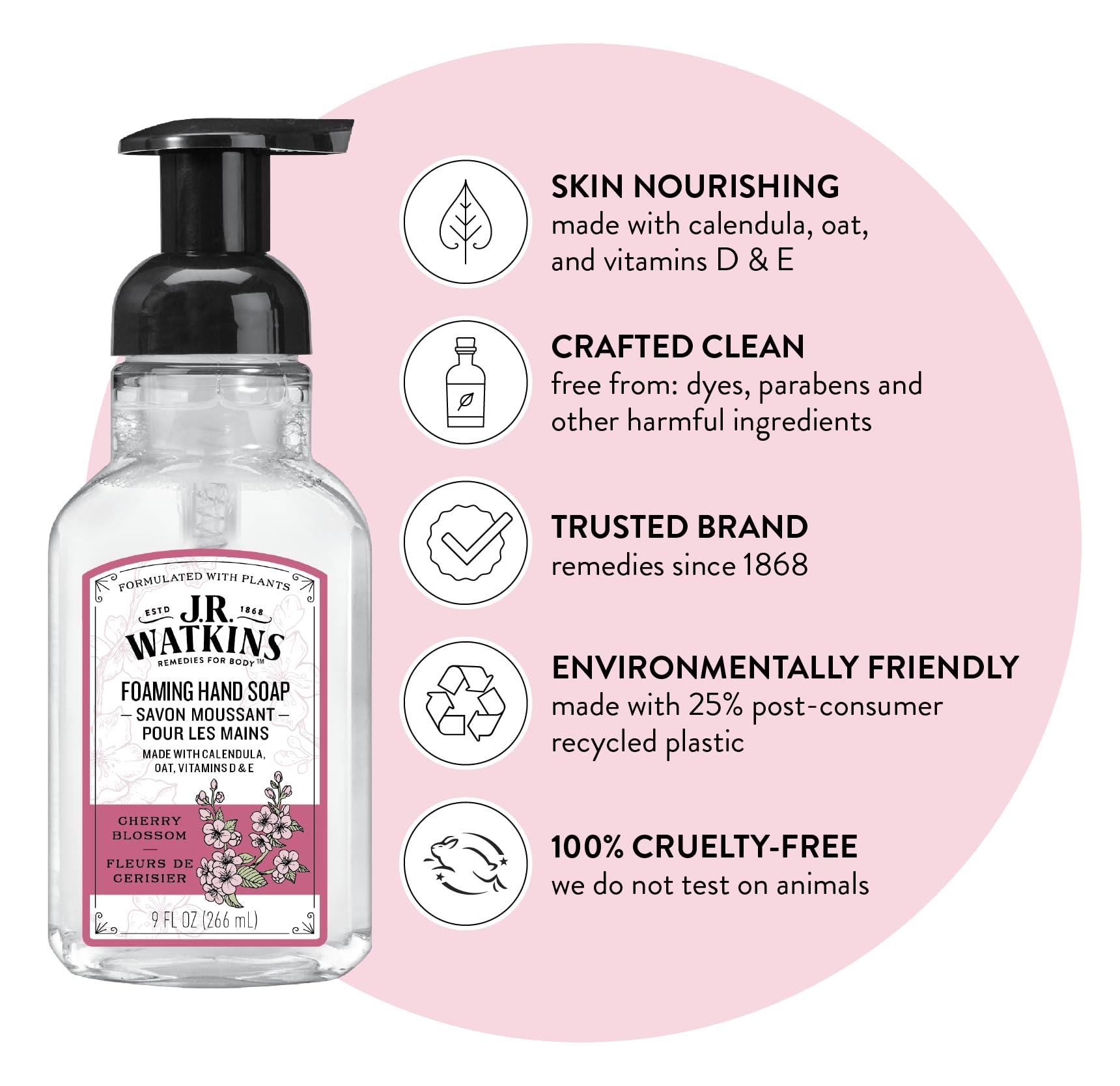 J.R. Watkins Cherry Blossom foaming hand soap bottle with dispenser on a clean countertop.