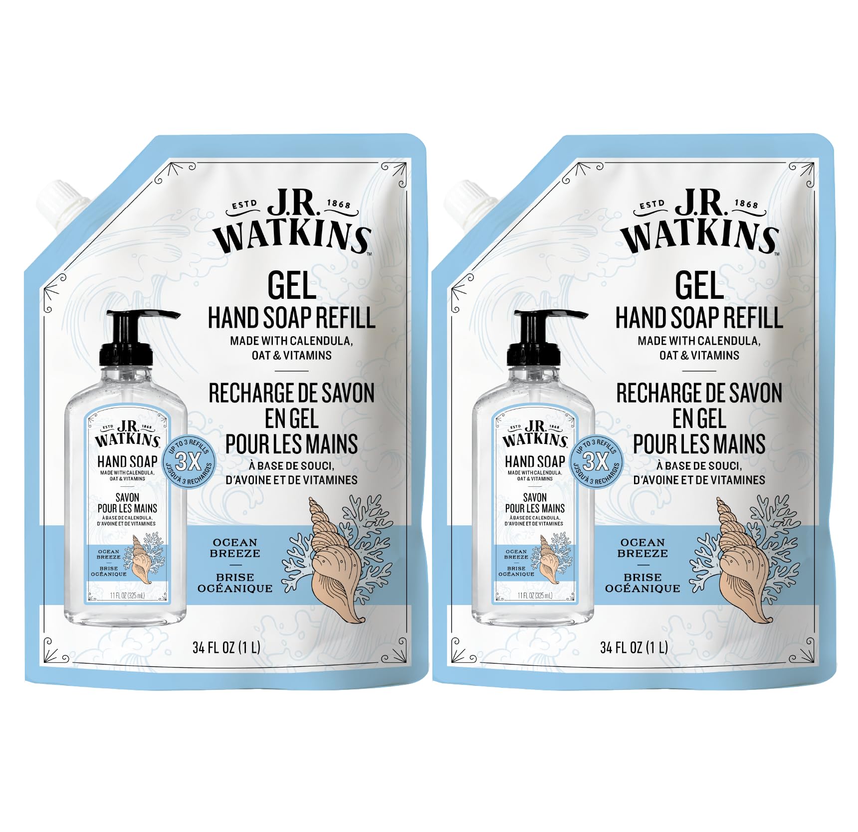 JR Watkins gel hand soap refill bottle showing Ocean Breeze scent for gentle cleansing.