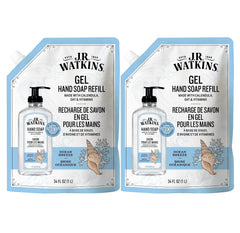 JR Watkins gel hand soap refill bottle showing Ocean Breeze scent for gentle cleansing.