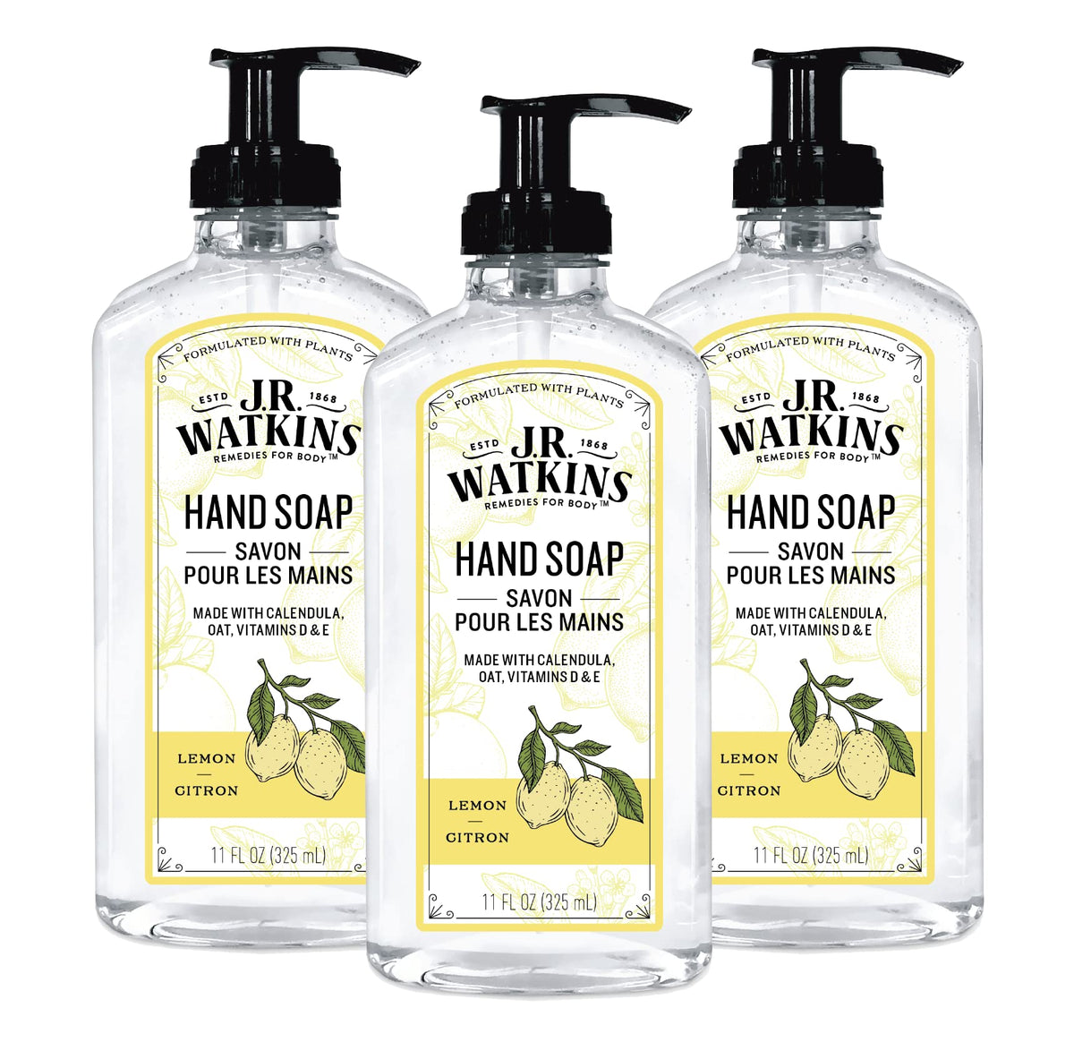 J.R. Watkins gel-jabon-manos limón en botella, aroma fresco para uso diario.