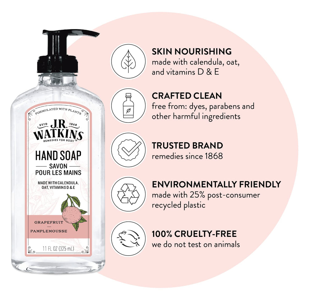 J.R. Watkins gel para manos Pomelo, espuma suave que limpia sin resecar la piel