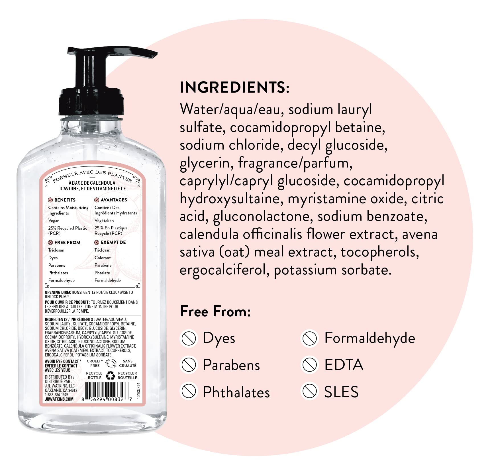 J.R. Watkins gel de manos Pomelo, libre de parabenos y colorantes