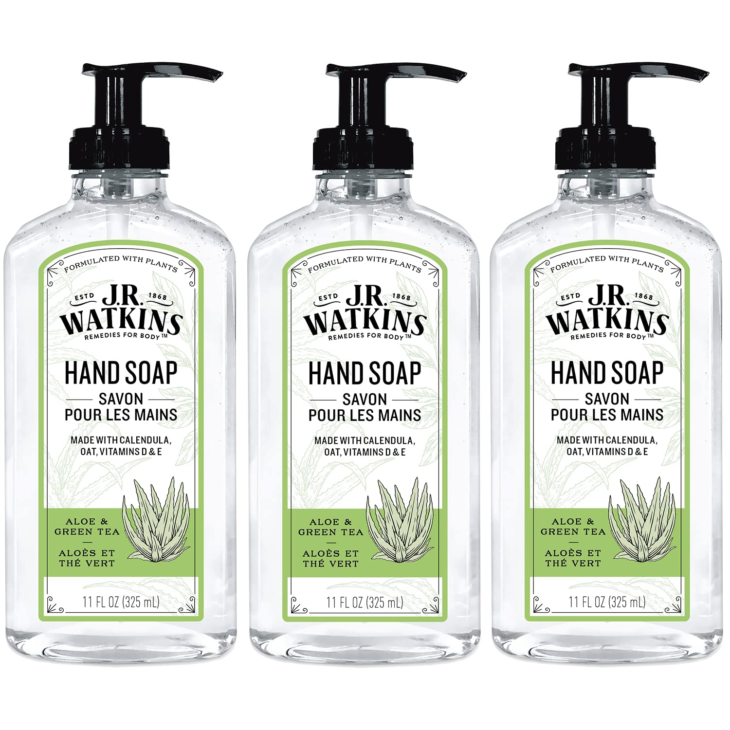 Gel de manos J.R. Watkins Aloe y Té Verde, conjunto de 3 botellas para uso diario.
