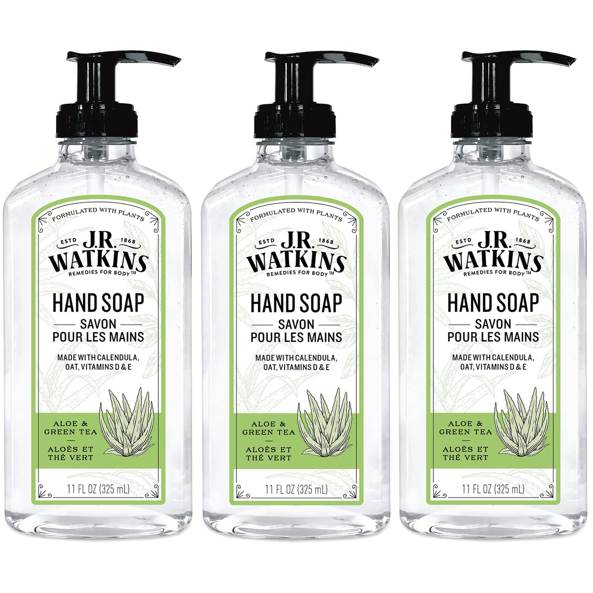 Gel de manos J.R. Watkins Aloe y Té Verde, conjunto de 3 botellas para uso diario.