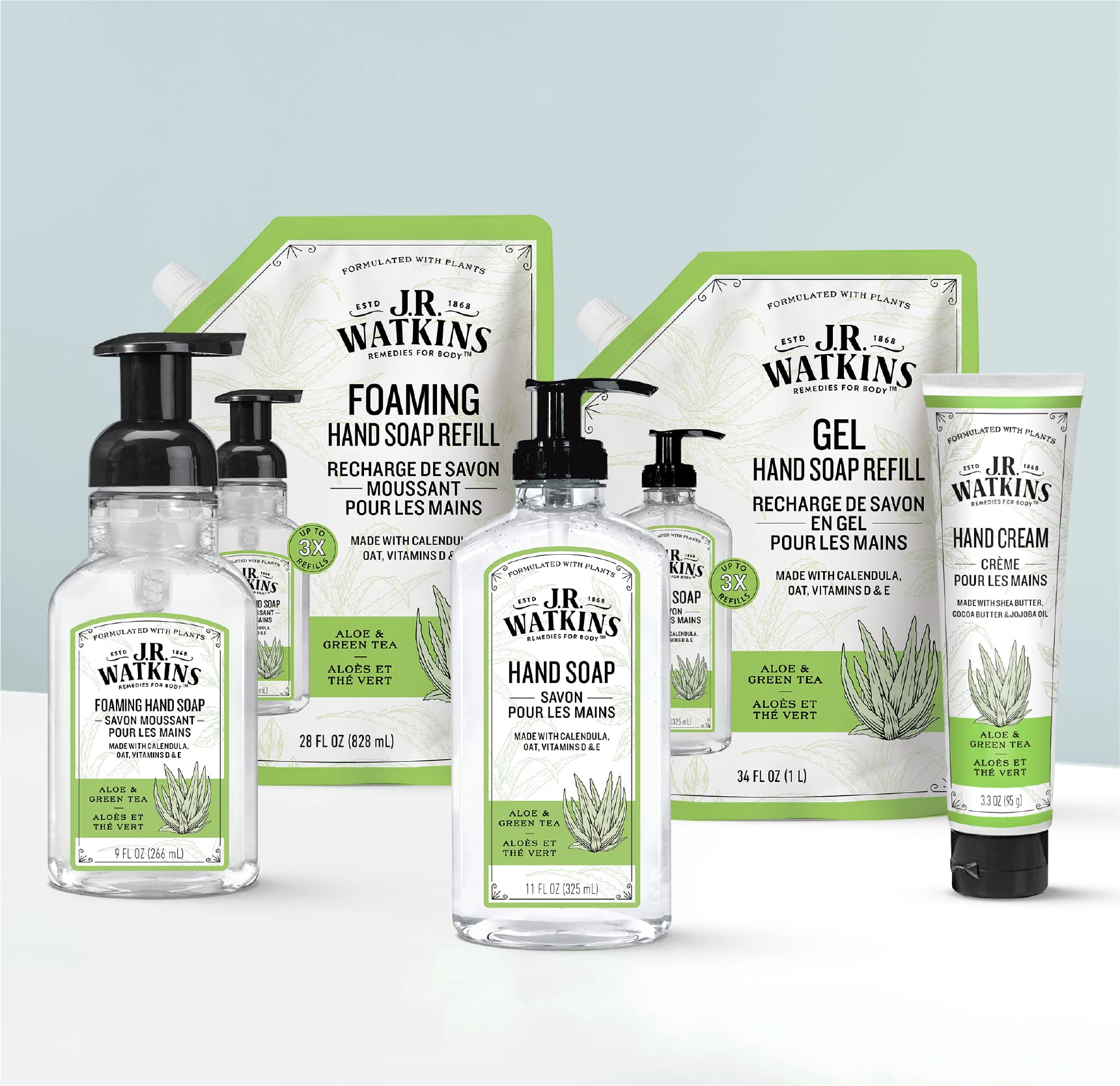 Gel de manos J.R. Watkins Aloe y Té Verde, textura suave en espuma al aplicar.