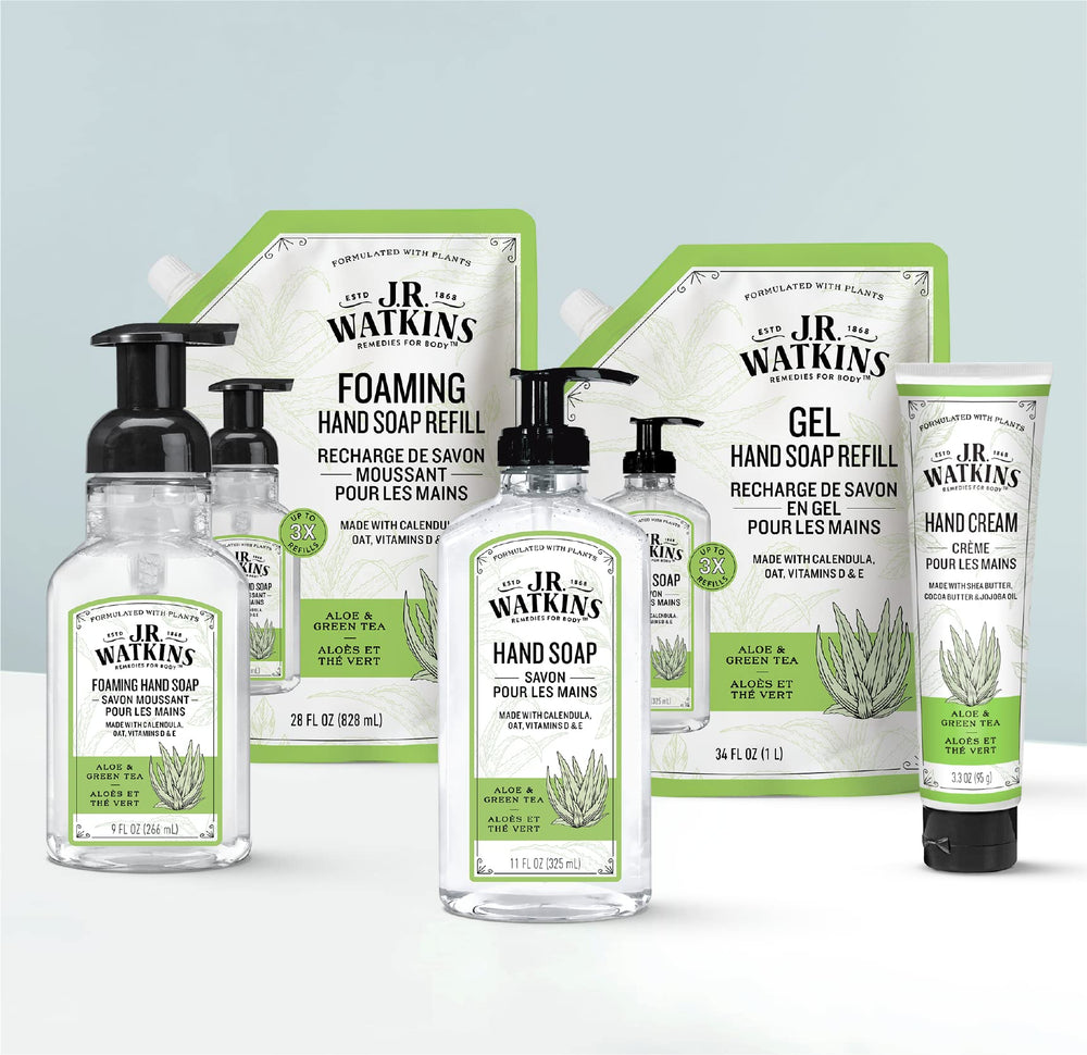 Gel de manos J.R. Watkins Aloe y Té Verde, textura suave en espuma al aplicar.