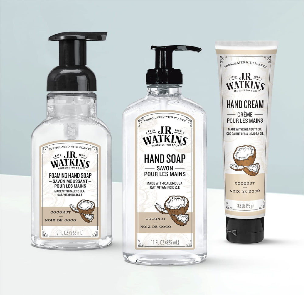 Ingredientes de origen vegetal suavizan la piel al lavar con J.R. Watkins Coco