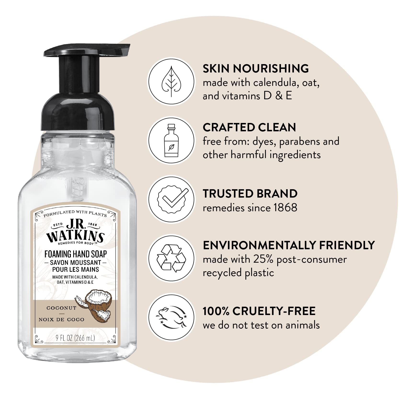 J.R. Watkins espuma suave para manos con textura cremosa y humectante.
