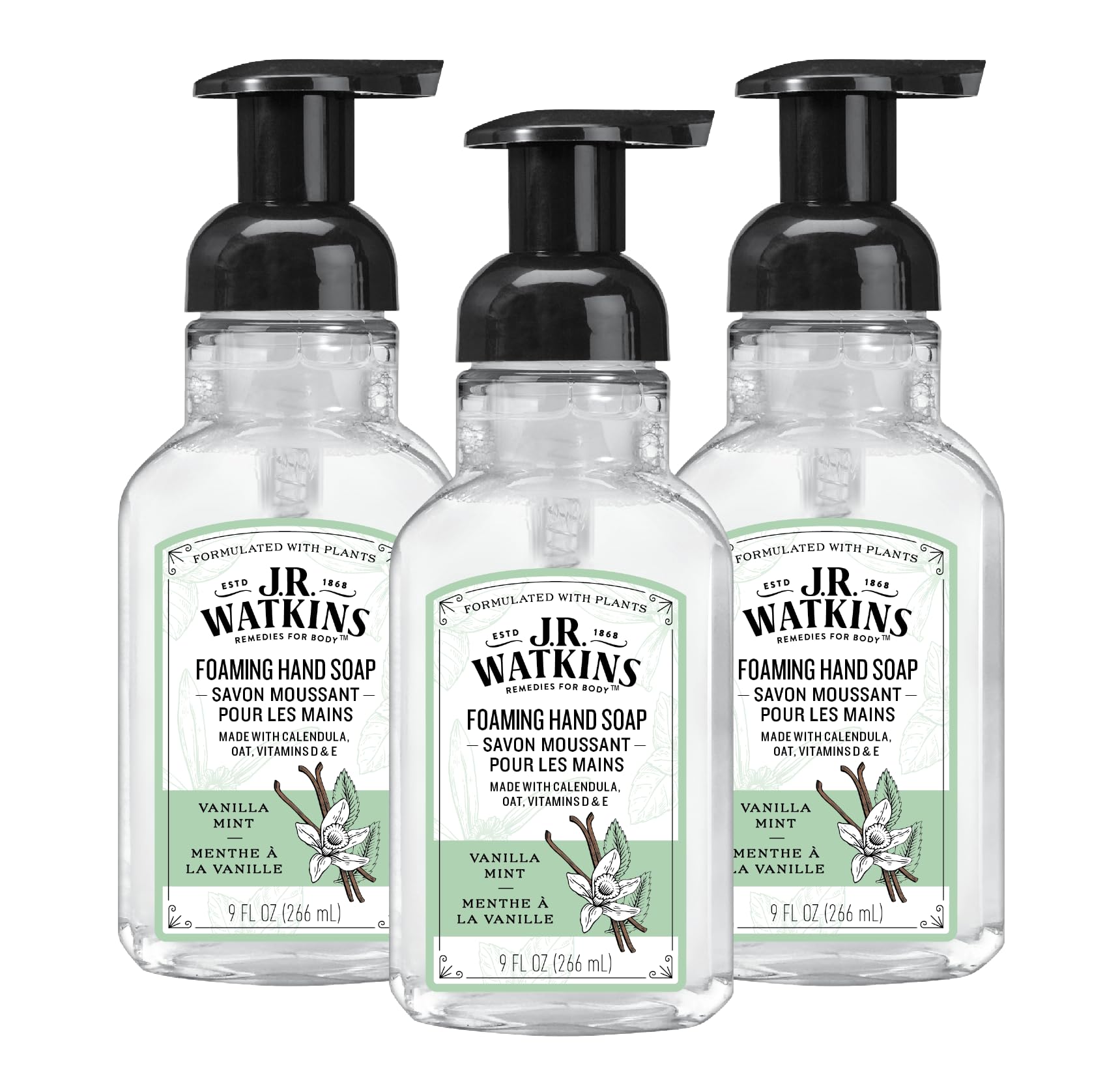 J.R. Watkins jabón espuma con dispensador para un lavado de manos suave y cómodo.