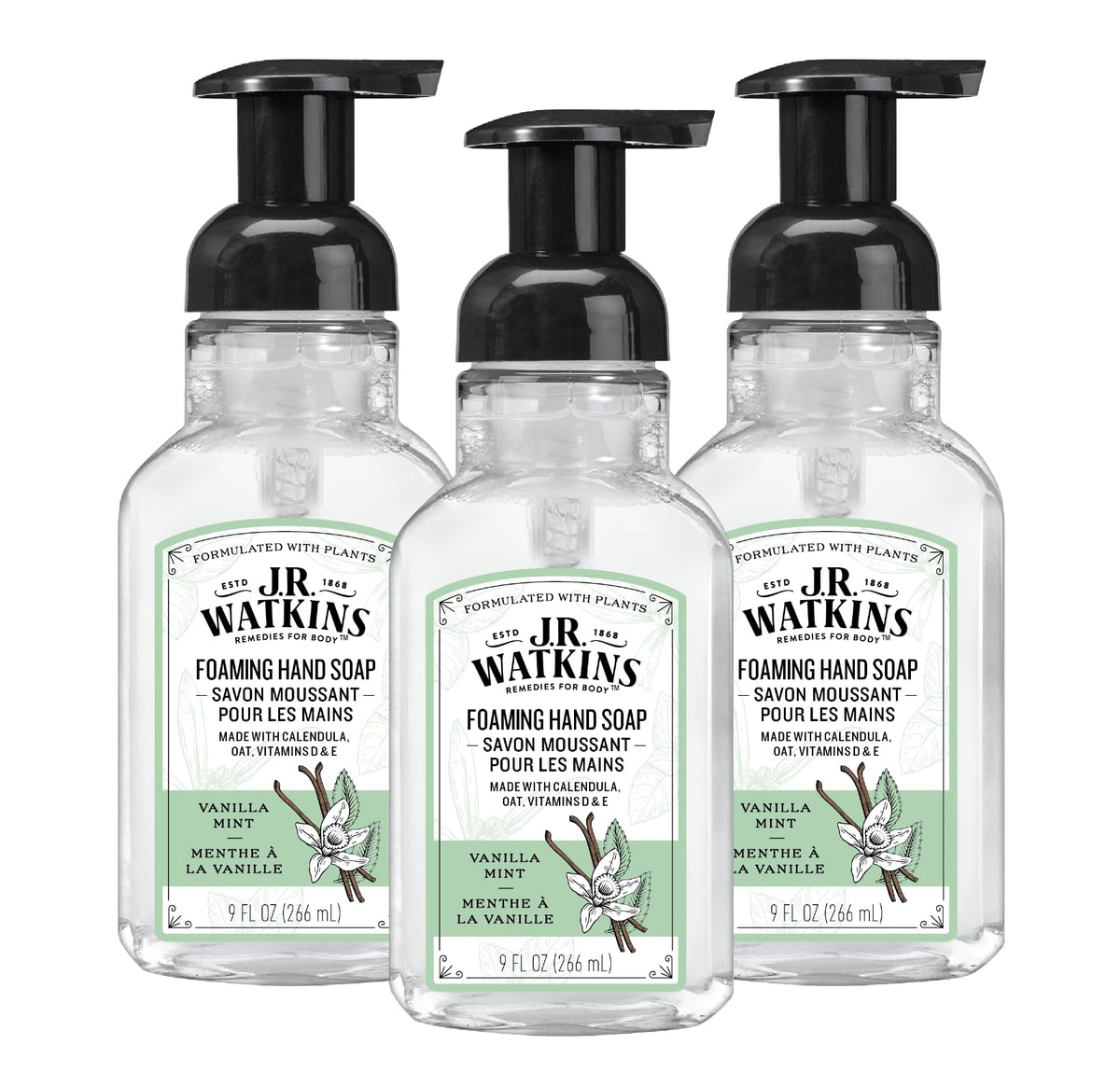 J.R. Watkins jabón espuma con dispensador para un lavado de manos suave y cómodo.