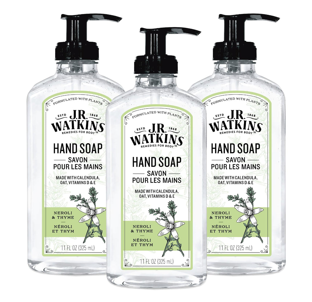 Botella de gel de manos J.R. Watkins Neroli y Tomillo con aroma suave para uso diario.