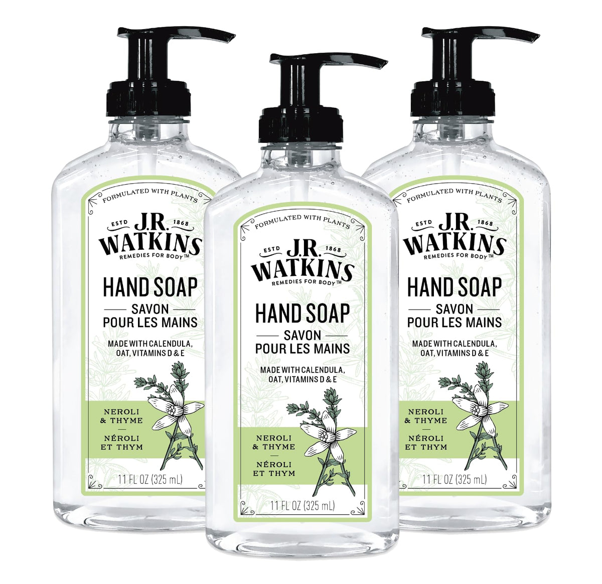 Botella de gel de manos J.R. Watkins Neroli y Tomillo con aroma suave para uso diario.