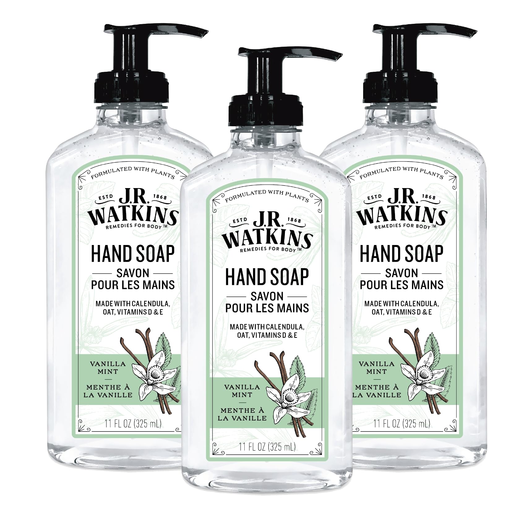 Gel de manos J.R. Watkins Vainilla Menta, paquete 3x11 onzas, limpieza suave.