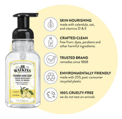 J.R. Watkins jabon mano espuma textura cremosa para piel suave tras lavado.