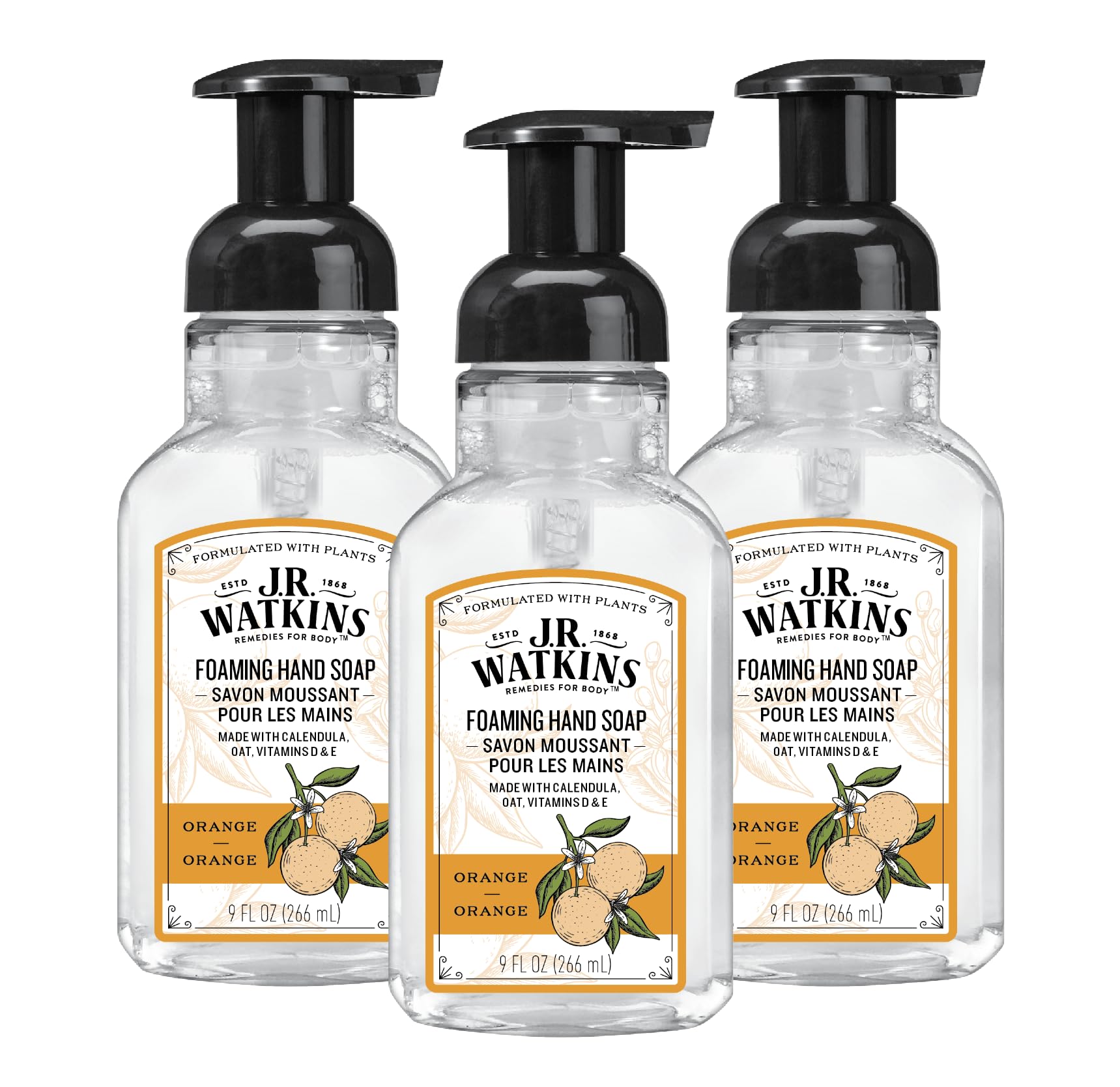 J.R. Watkins jabón en espuma con dispensador naranja para uso diario en cocina o baño.