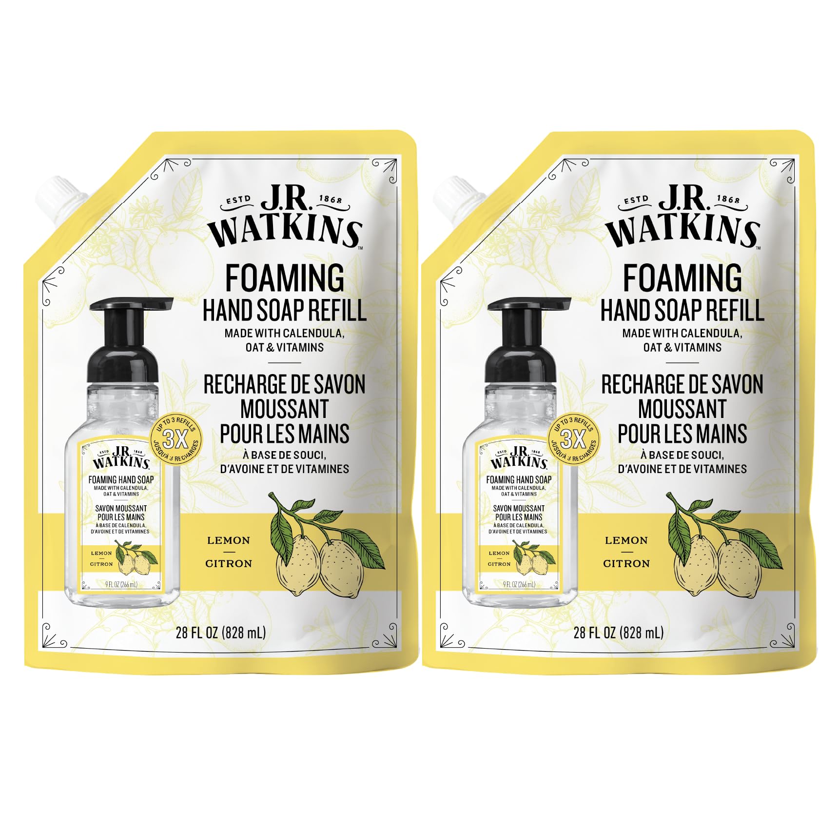 J.R. Watkins jabón espumoso para manos, relleno limón, práctico para casa.
