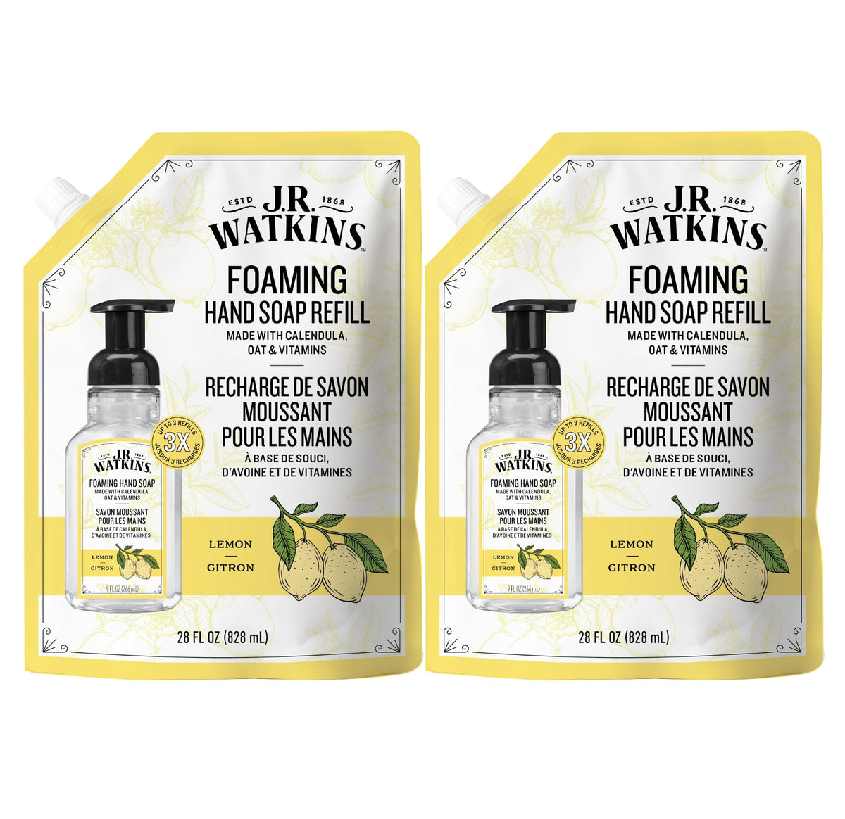 J.R. Watkins jabón espumoso para manos, relleno limón, práctico para casa.