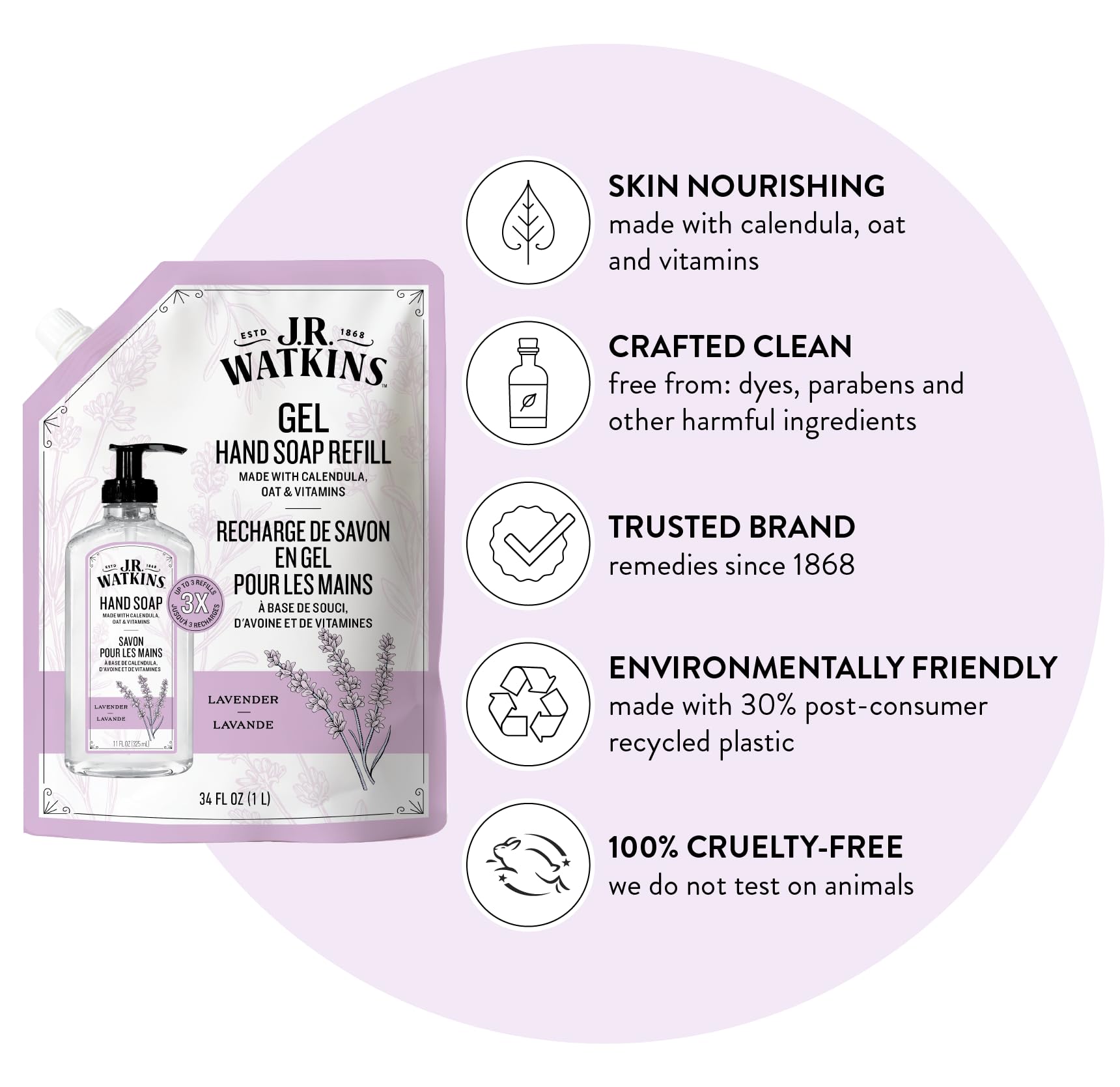 J.R. Watkins jabón de manos lavanda aroma para una experiencia calmante.