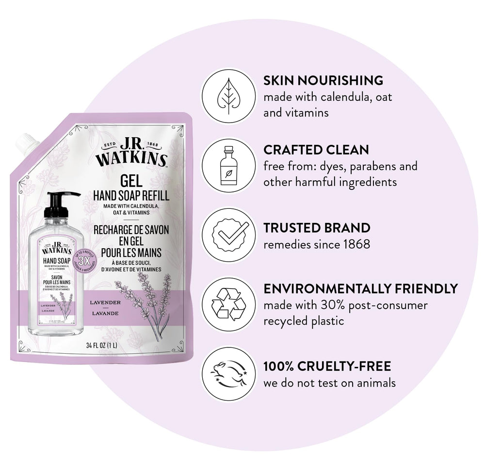 J.R. Watkins jabón de manos lavanda aroma para una experiencia calmante.