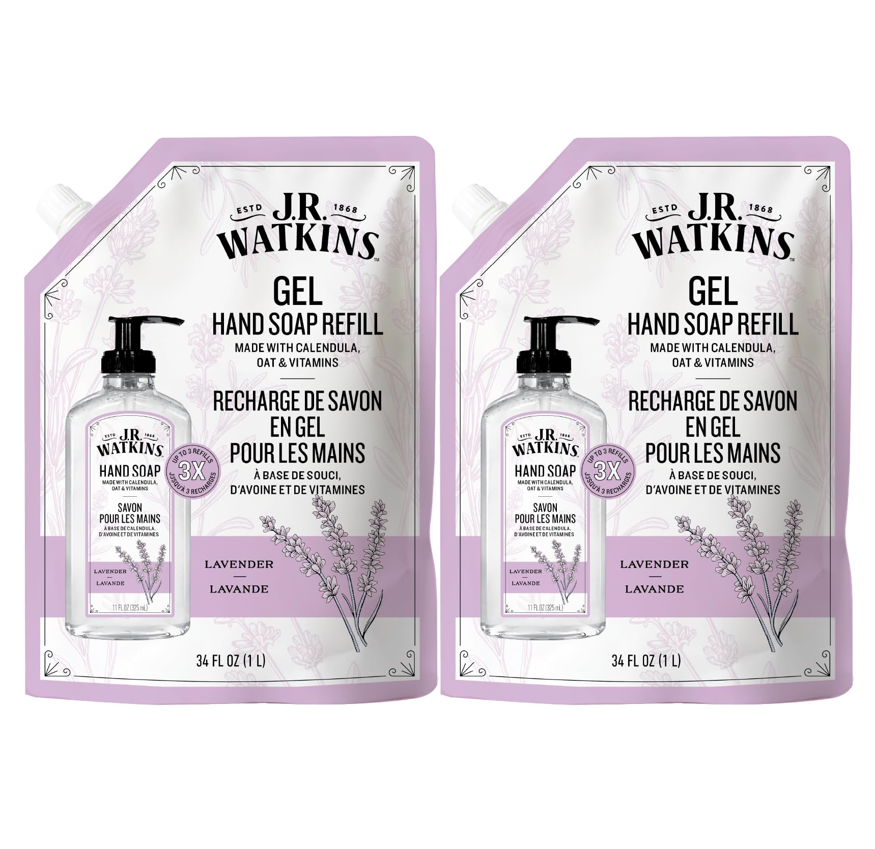 J.R. Watkins gel de manos en recarga para rellenar y reutilizar la botella.