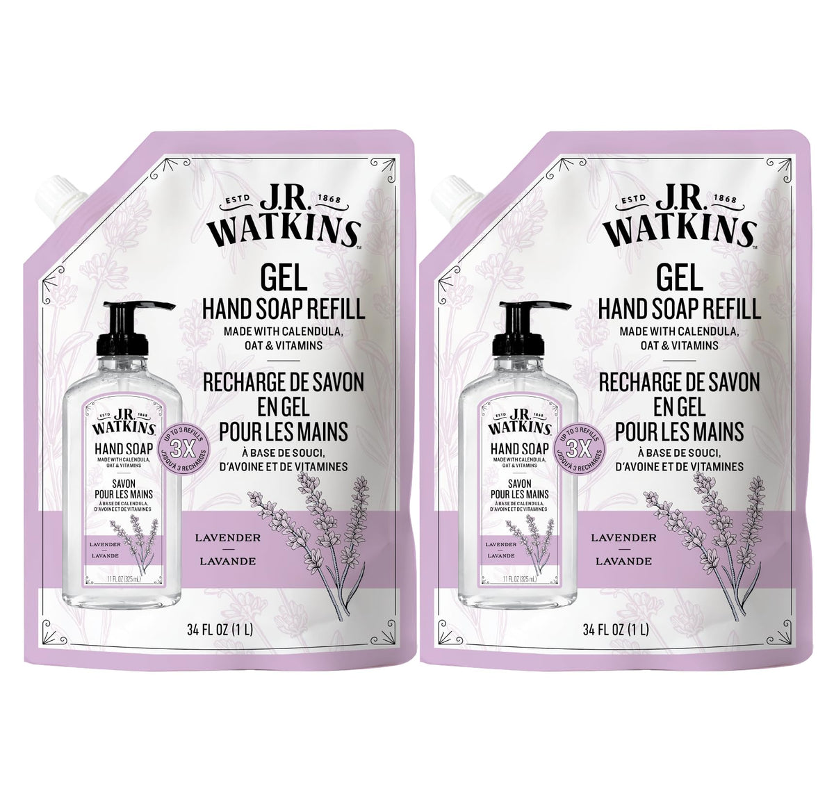 J.R. Watkins gel de manos en recarga para rellenar y reutilizar la botella.