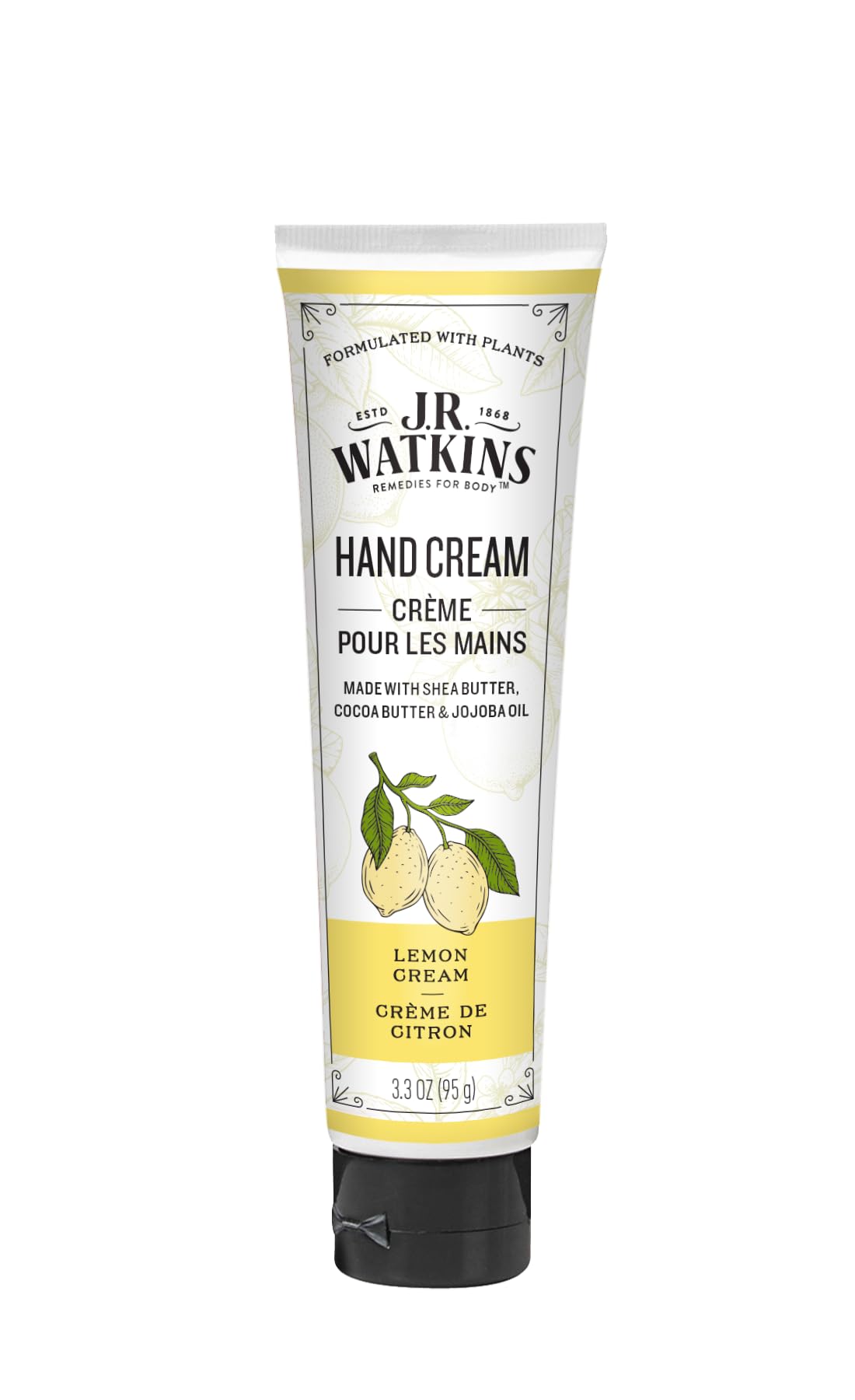 J.R. Watkins Lemon Cream hand-cream-front supports soft, hydrated hands.