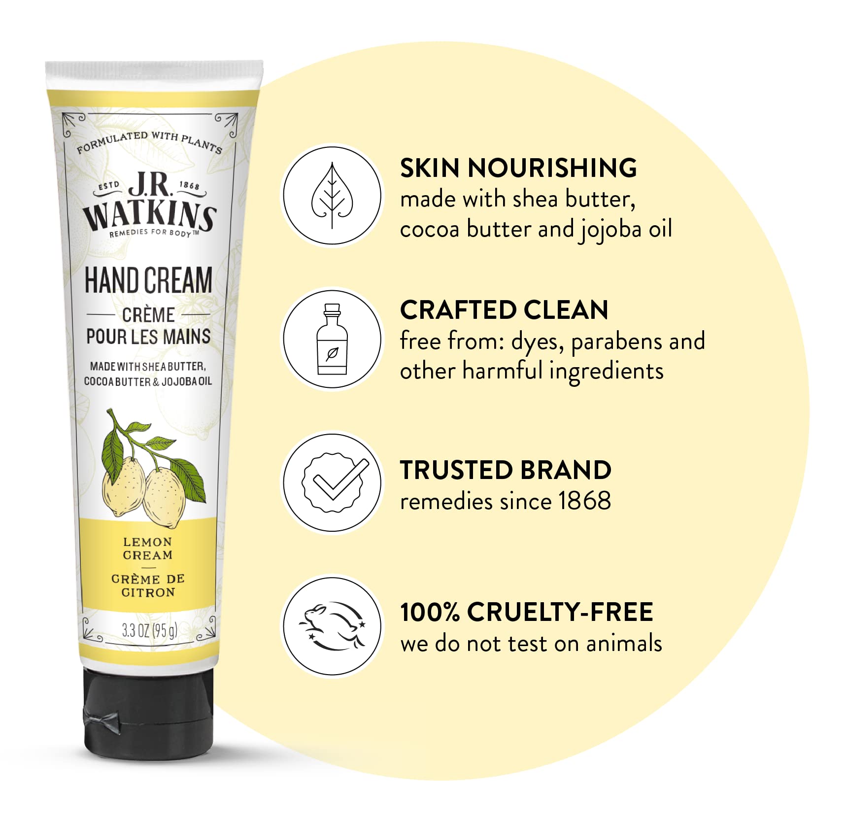 J.R. Watkins Lemon Cream USA-made label visible, crafted since 1868.