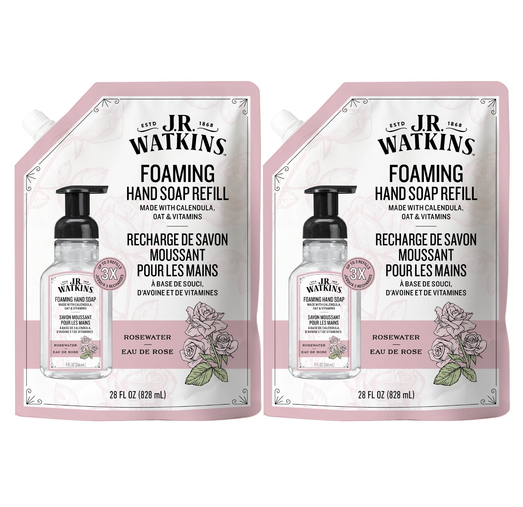 J.R. Watkins recambio de jabón espuma rosas para uso prolongado y fragancia agradable.