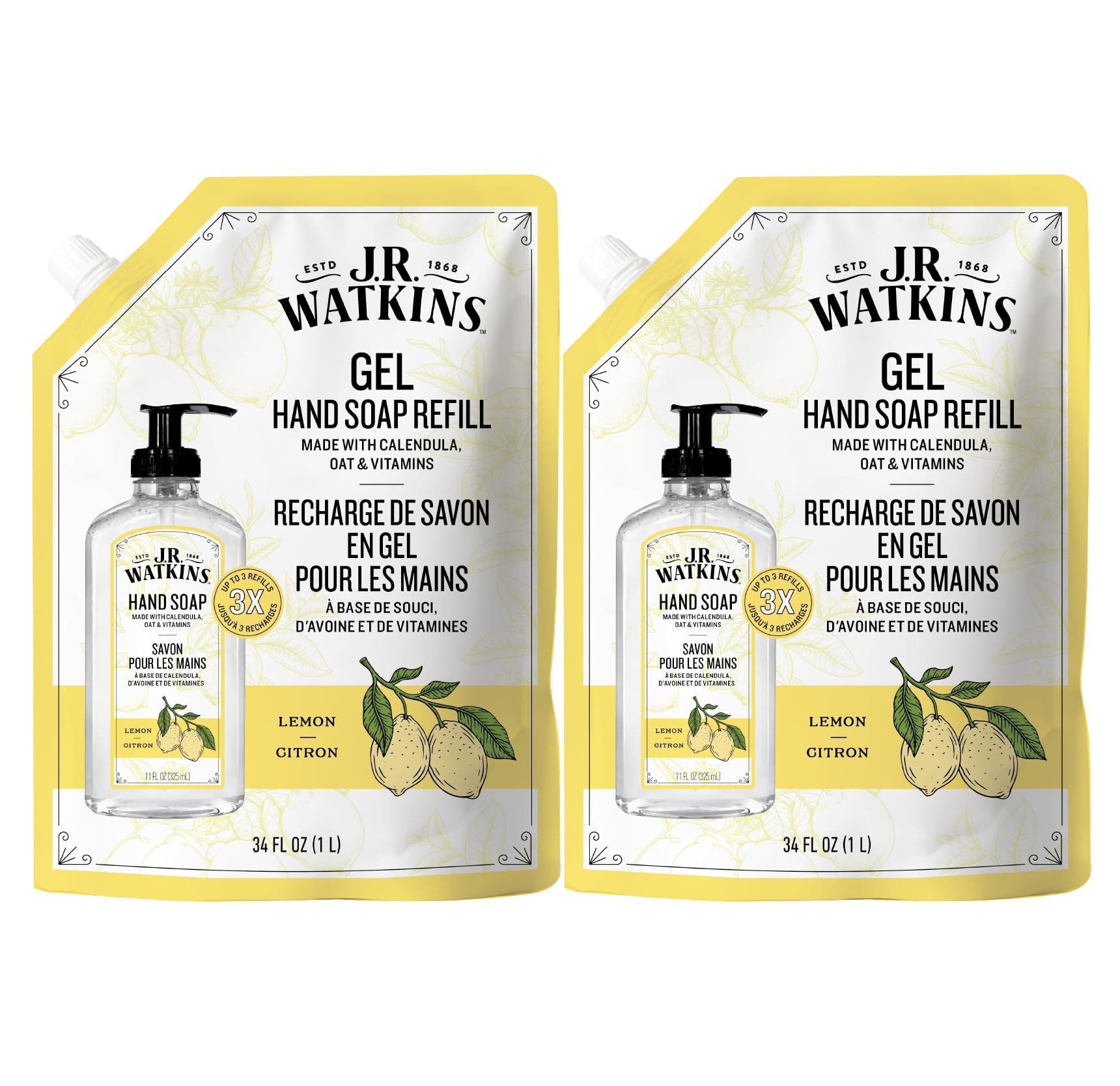J.R. Watkins recarga de gel para manos con limón, ideal para rellenar dispensadores.