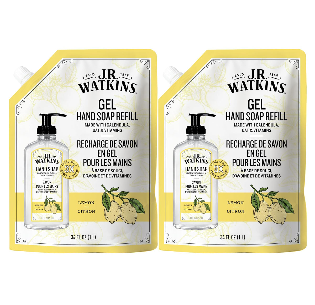 J.R. Watkins recarga de gel para manos con limón, ideal para rellenar dispensadores.